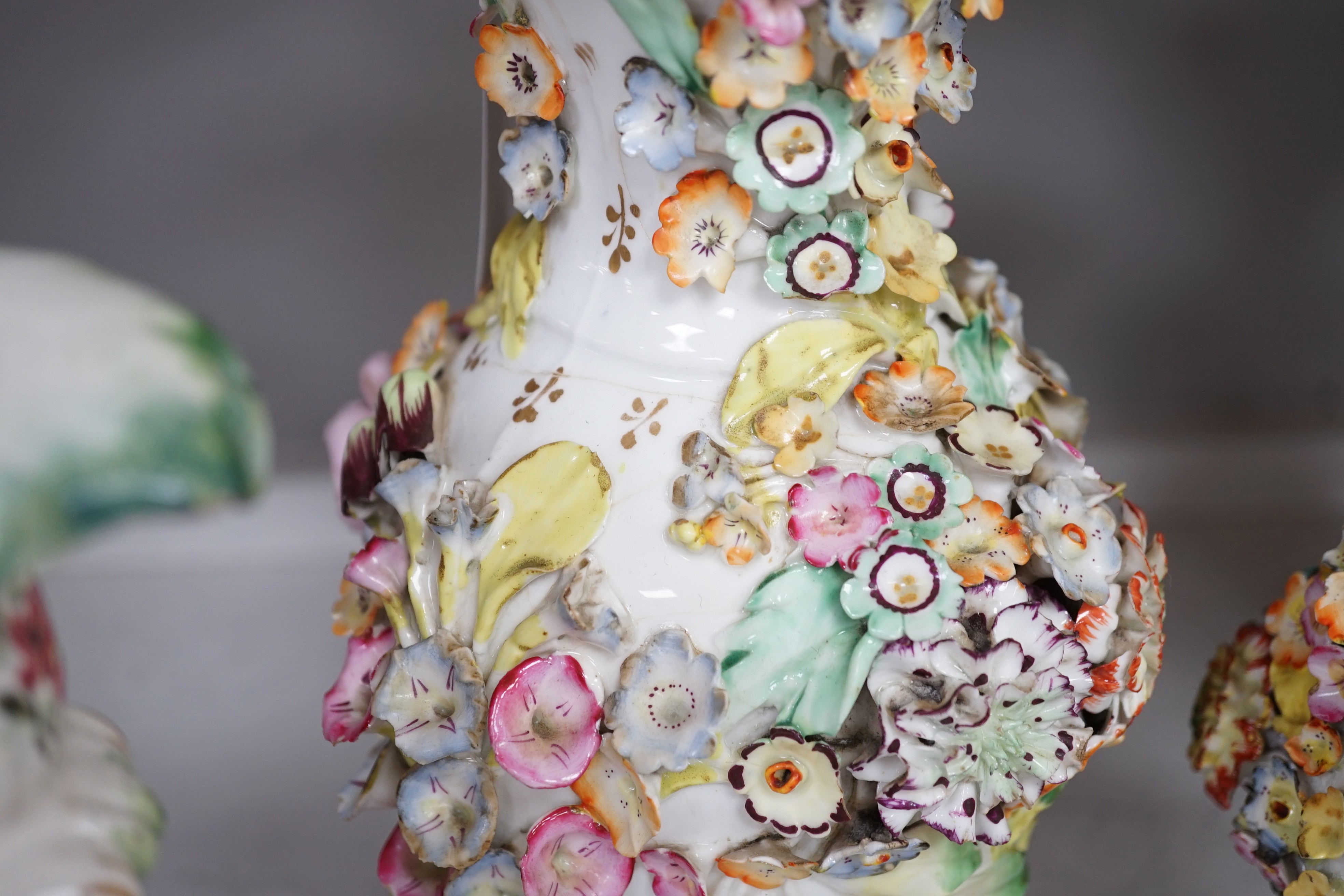 A set of three Victorian Coalbrookdale type vases, a Continental Three Graces group and sundry ceramics, tallest 34cm